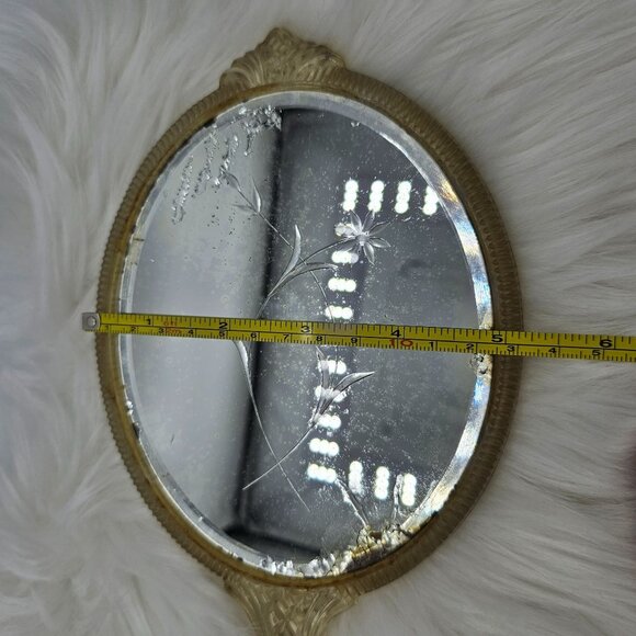Vintage Handheld Mirror Ornate Lucite Gold Handle Floral Etched Glass FLAW - Picture 5 of 8